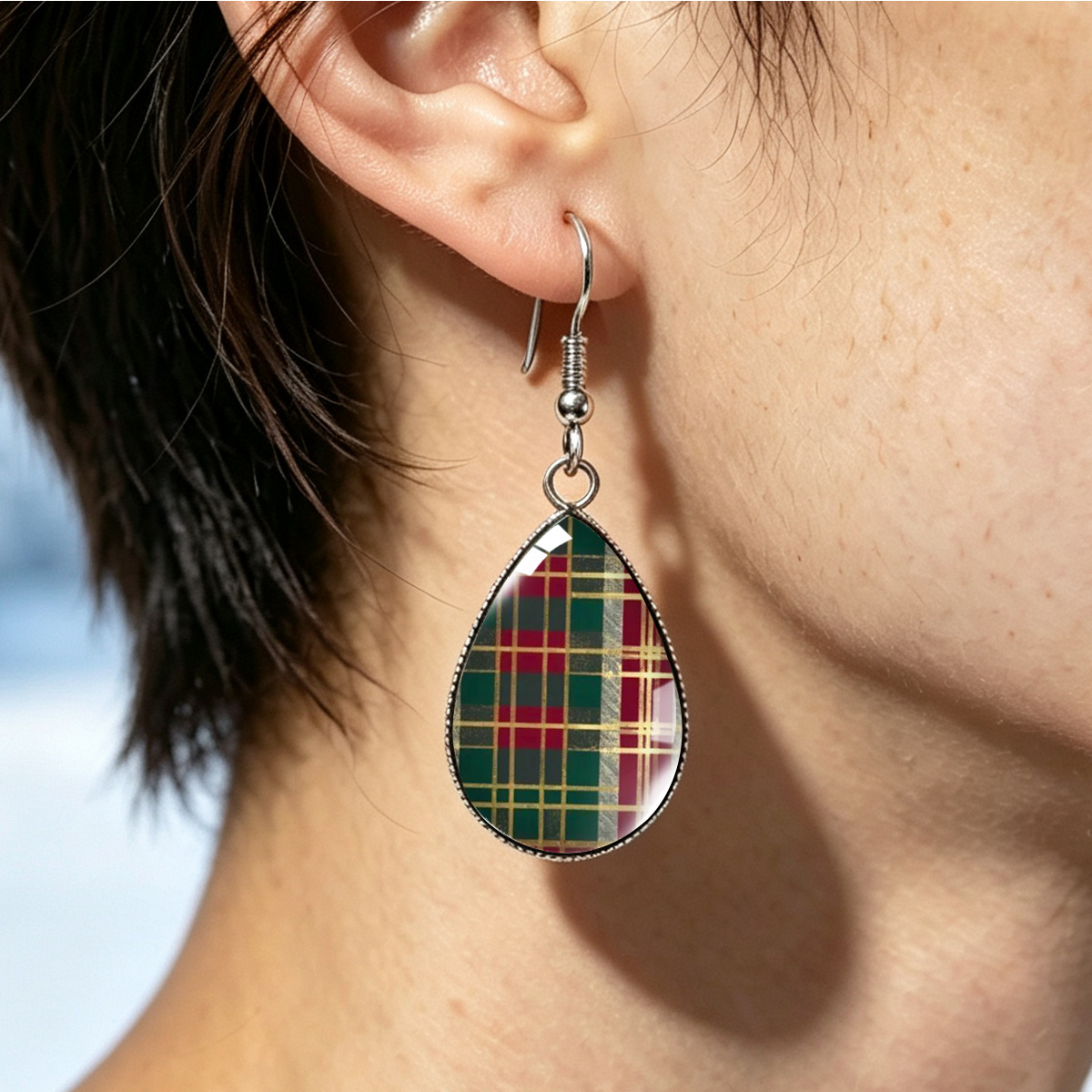 Waterdrop Pendant Stainless Steel Earrings, Vintage Checkered Design